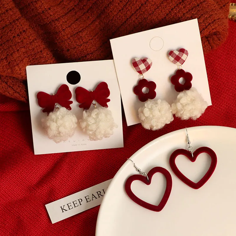 

Christmas Red Bow Drop Earring For Women Temperament Heart Flocking Bowknot Christmas Earring Girls New Year Festival Jewelry