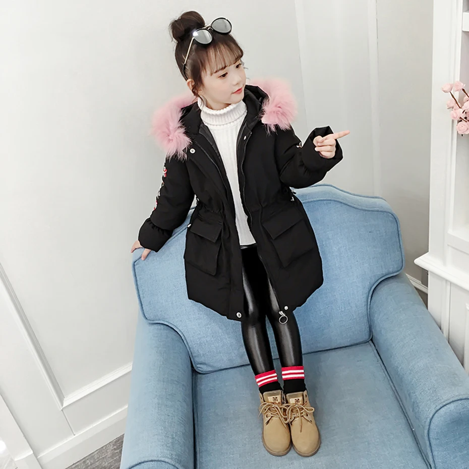 Пальто для девочек пальто с цветочной вышивкой верхняя одежда капюшоном и