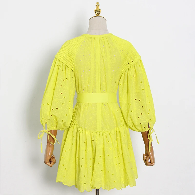 

GALCAUR Yellow Dress For Women O Neck Puff Wrist Sleeve Hollow Out Lace Up Designer Solid Mini Dresses Female 2021 Summer Style