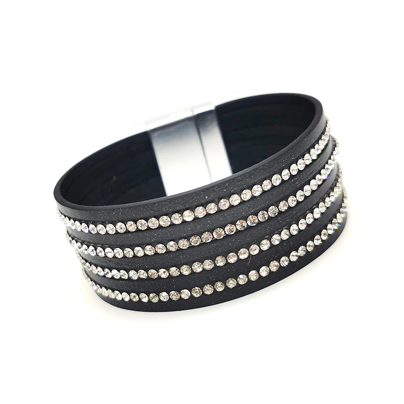 

2020 Fashion Black Crystal Leather Bracelets For Women Strips Boho Multilayer Wide Wrap Bracelet Jewelry
