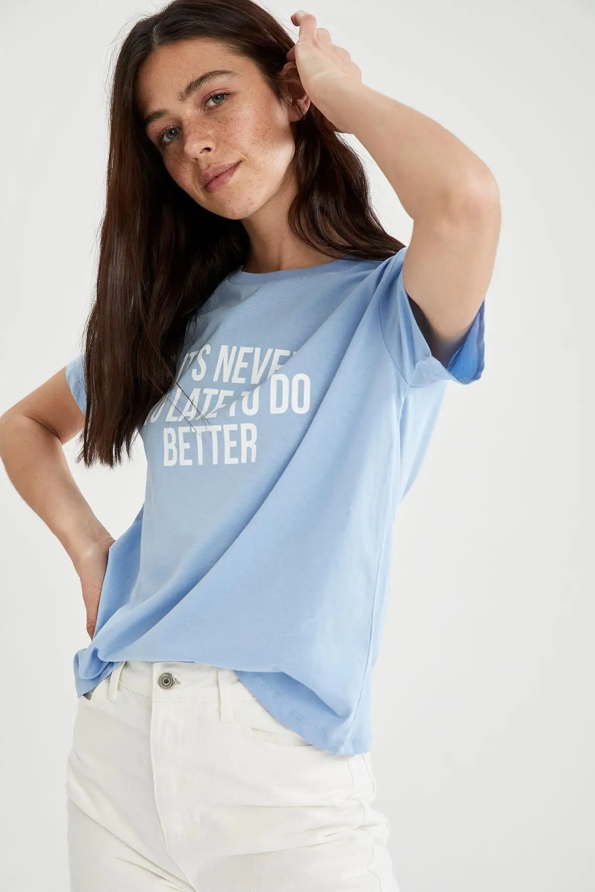 

Women's Blue Slogan Printed Cotton Relax Fit Short Sleeve T-Shirt