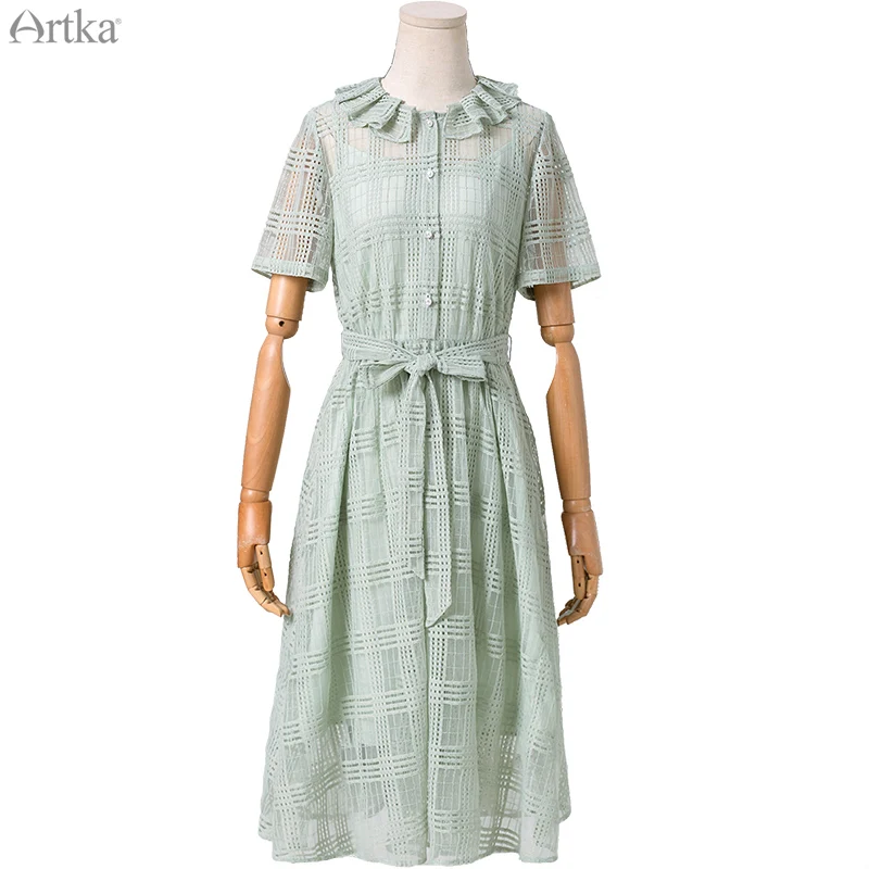 

ARTKA 2020 Summer New Women Dress Elegant Green Plaid Dresses With Sash Ruffles O-Neck Two Piece Set Long Dress Women LA25306X
