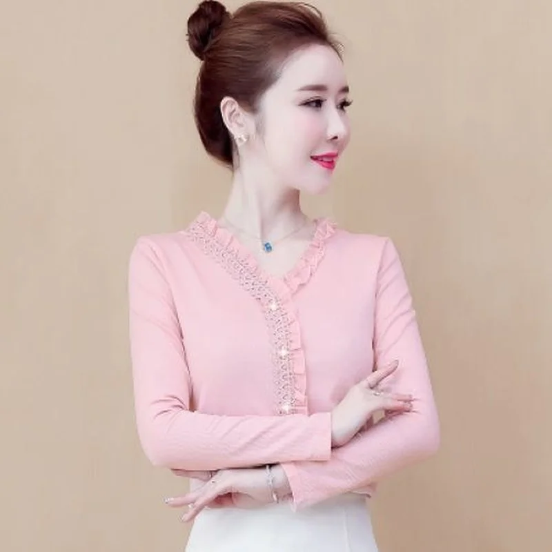 

Новинка весна-осень 2021, модная футболка с V-образным вырезом и длинными рукавами, Женская облегающая однотонная универсальная рубашка с обо...