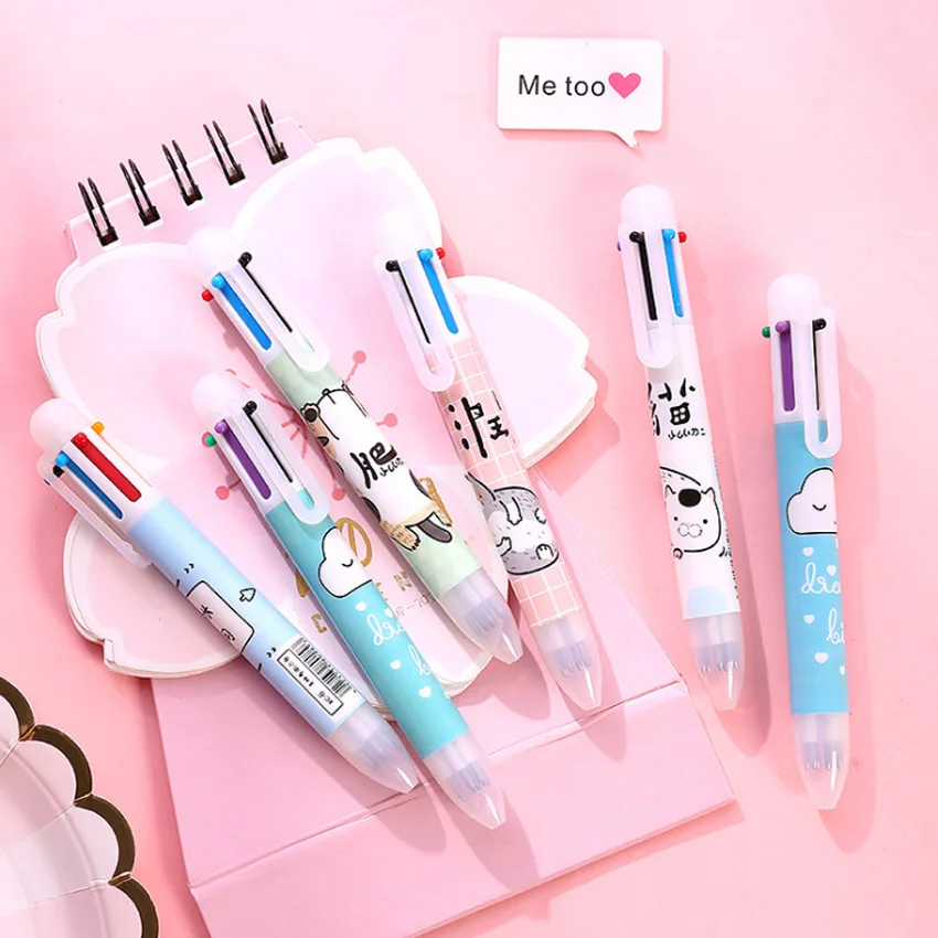 

30pcs Cartoon Cartoon color oil pen press multi-color ballpoint pen 6 colors School Office Multi Students Gifts Free shipping