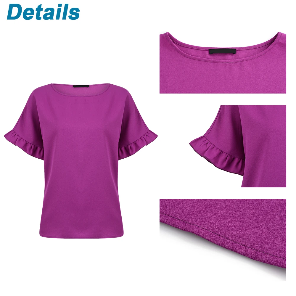 

Womens T-shirt Crew Neck Solid Color Ruffle Short Sleeve New Polyester Loose Ladies T shirt For Female Tops Summer T-shirt D30
