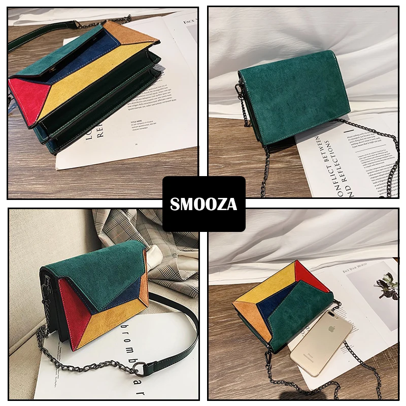 SMOOZA модная качественная кожаная Лоскутная Женская сумка-мессенджер женская наплечная Сумочка с ремешком на цепочке Маленькая женская сумка с клапаном крест-накрест