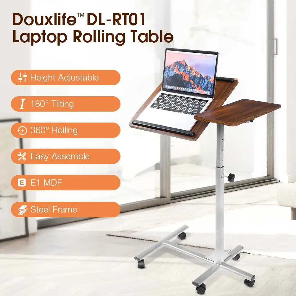 

Douxlife Foldable Computer Table Laptop Rolling Desk Adjustable Tilt Stand Portable Caster Cart Bed Side Table Standing Desk