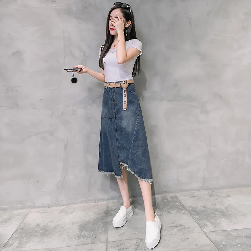 Облегающая джинсовая юбка средней длины с высокой талией Джинсовая