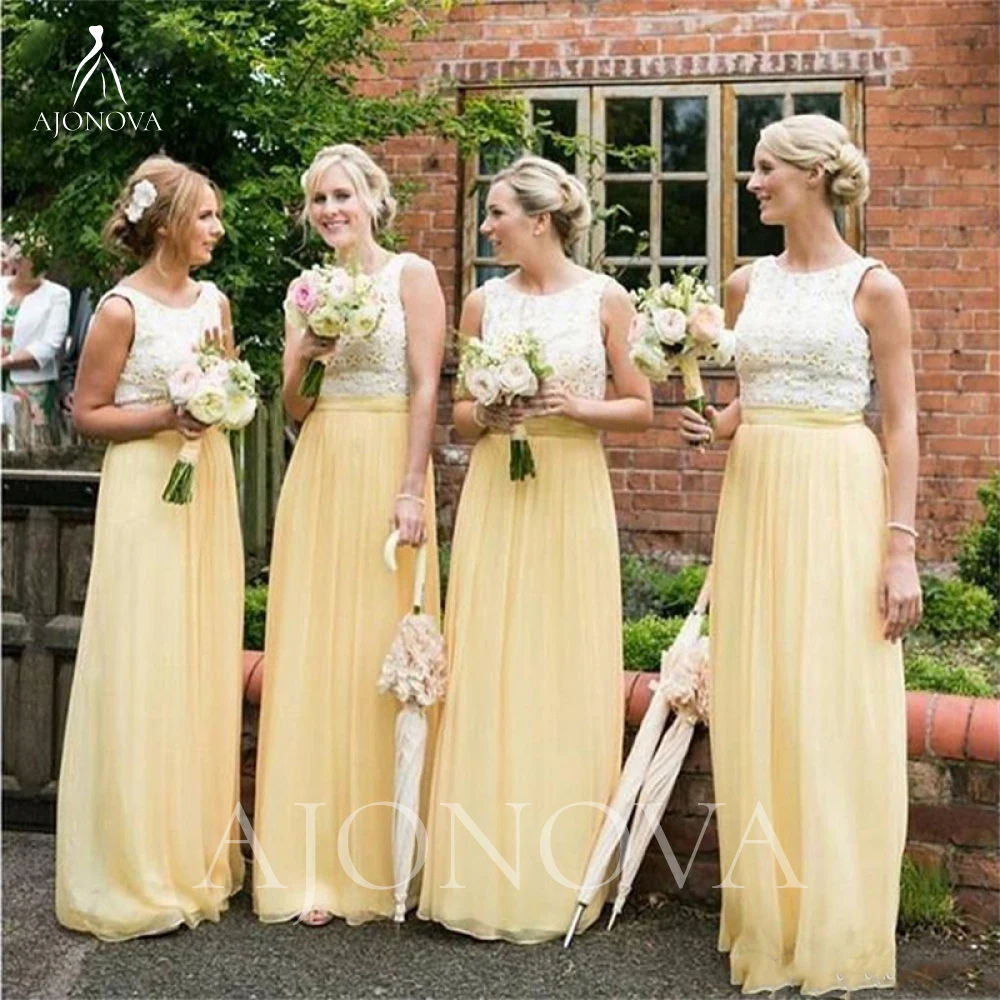 

Yellow Chiffon Elegant Dress Women for Wedding Party Dress White Lace A-line Dresses for Bridesmaid Bridesmaids Woman 2021 Gowns