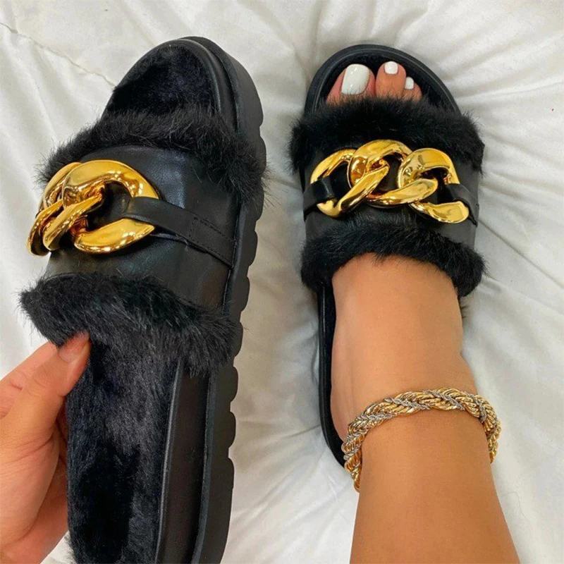 

Explosion Luxury Women Shoes Furry Flip-Flops Comfortable Slippers Chain Slides женские босоножки Open Toe Platform Sandals2021