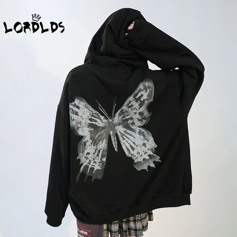 

LORDLDS Women Sweatshirt with Zipper Butterfly Print Autumn Winter Zip Up Hoodie Oversized 4XL Gothic Punk Y2k Clothes