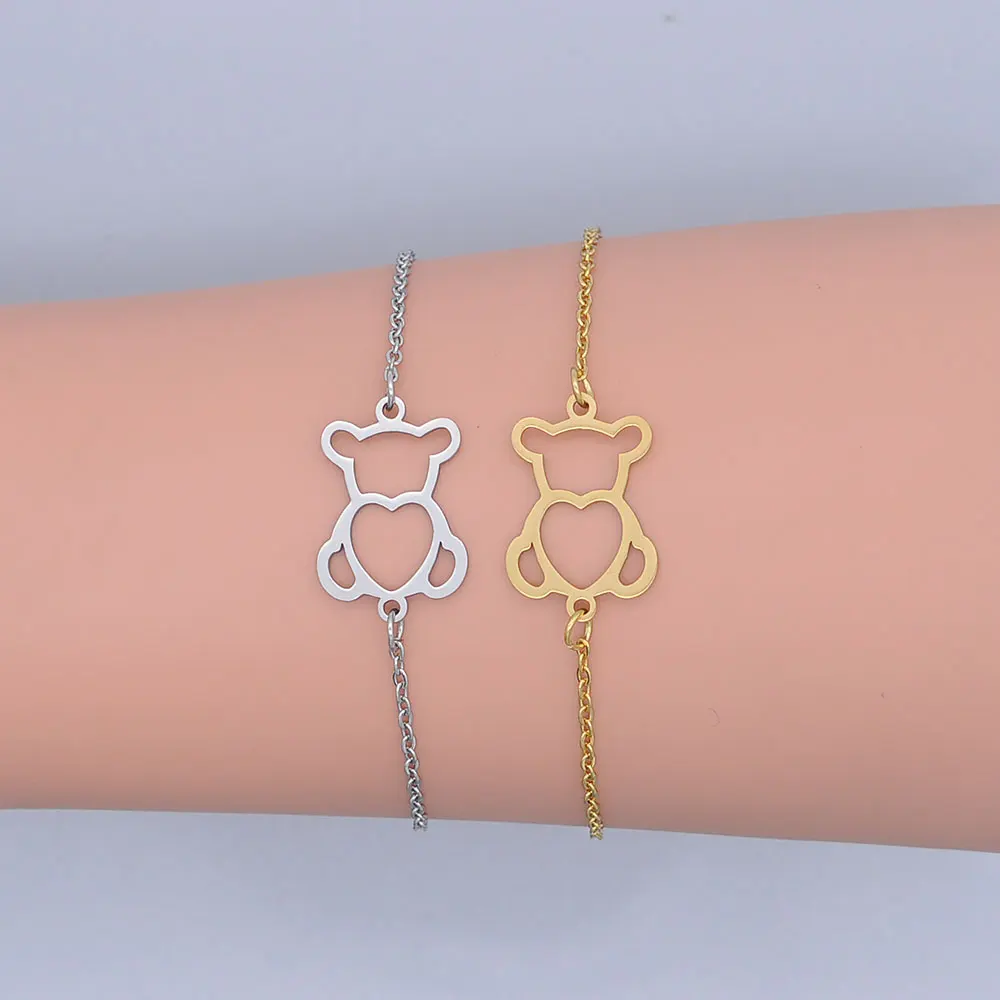 100% изящный браслет из нержавеющей стали с подвеской в форме сердца медведя для