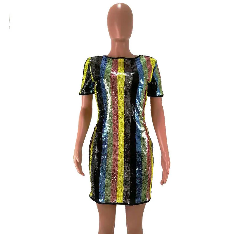 Разноцветное Радужное платье с пайетками женское сексуальное коротким рукавом