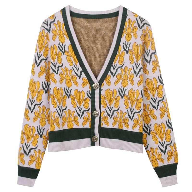 

Runway Fashion New Ladies Sweater Long Sleeve V-Neck Floral Embroidered Slim Yellow Knit Cardigan Jacket Coat 2021