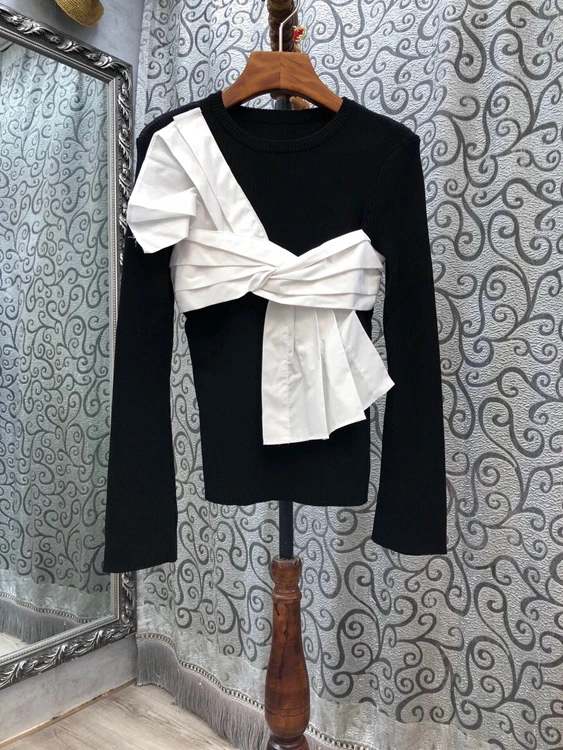 

2020 Autumn and Winter new women's round neck chest color matching irregular knot stitching long sleeve Joker top 926