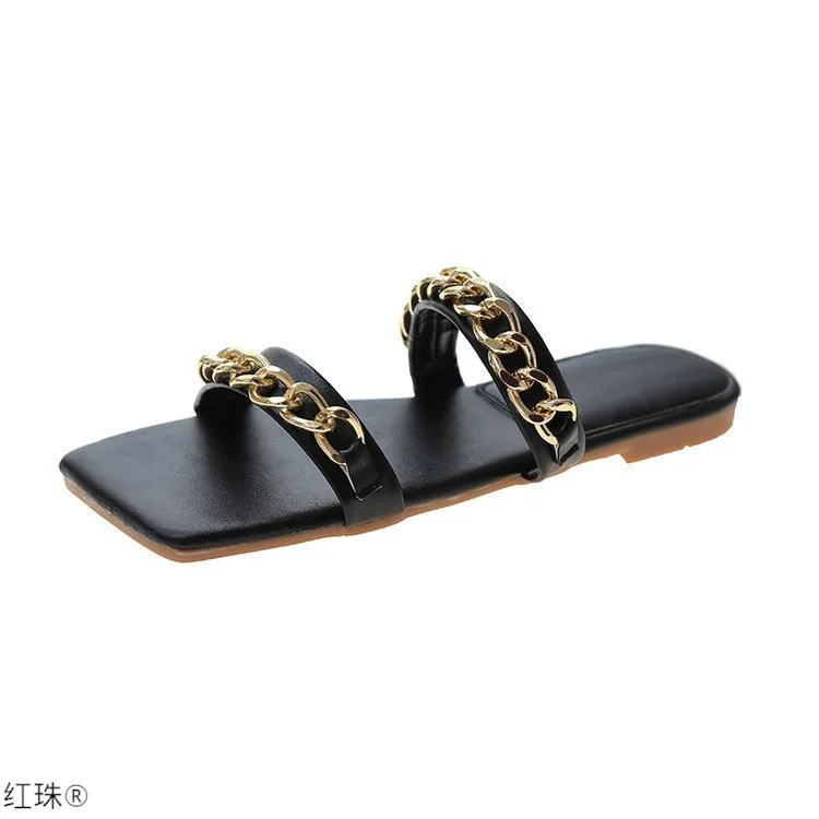 

2021 Summer New Korean Style Metal Chain One-Word Square Toe Outdoor Flat Slippers Slippers for Women A955