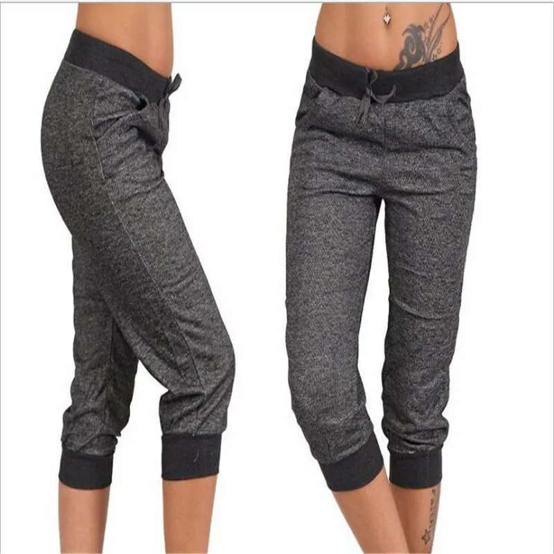 

Fashion Sports Loose Calf Length Pants Women Casual Pure Color With Pockets High Waist Sportwear Pants Ladies Training Trousers