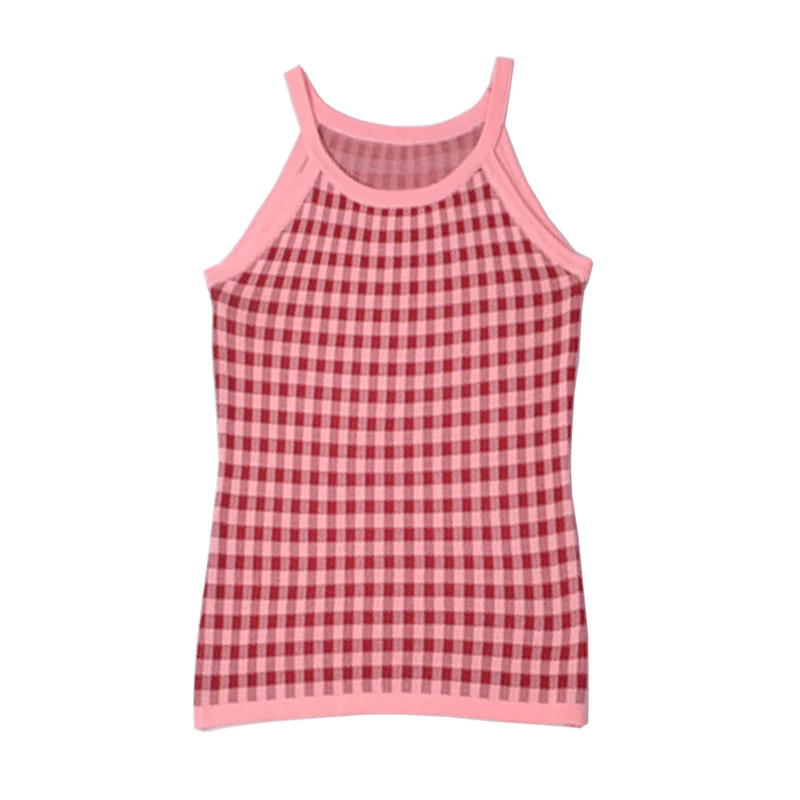 

Женский трикотажный топ PERHAPS U, розовый клетчатый летний топ без рукавов, B0518