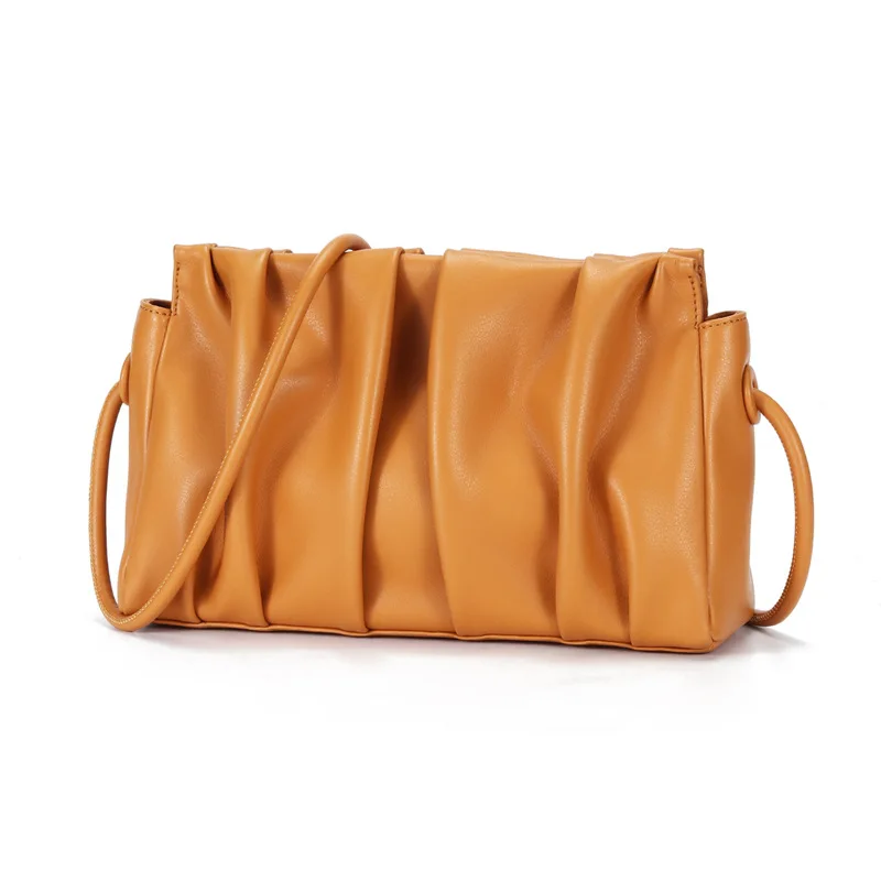 

Simple Style Genuine Leather Pleated Messenger Bags Summer 2021 Fashion Casual Women Totes Shoulder Bags Solid Color Handbags