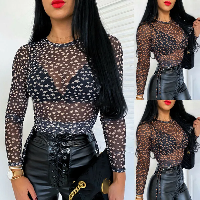 Женская прозрачная сетчатая блузка с длинным рукавом Одежда для клуба бикини |