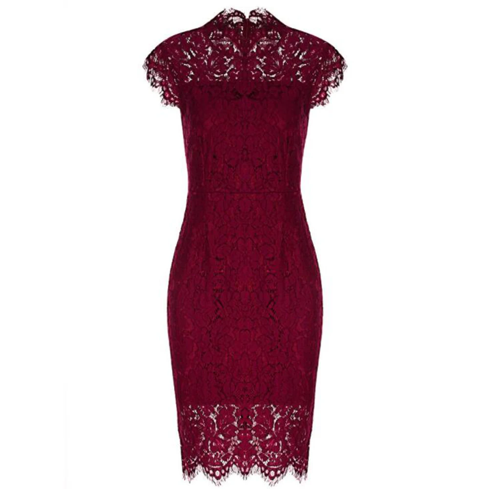 

Summer Dress Elegant Chic Embroidery Lace Party Dress Women Sexy Hollow Out Solid Color Office Bodycon Pencil Knee-Length Dress