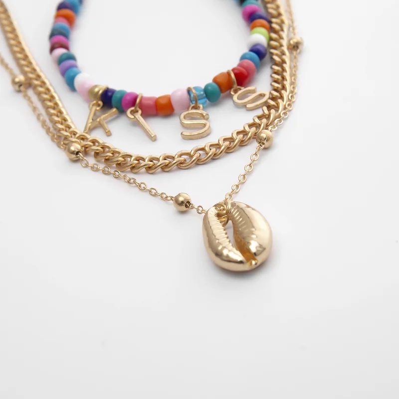 multicolor beaded choker necklace for women bohemian letters shell gold color chain multi layer pendant jewelry | Украшения и