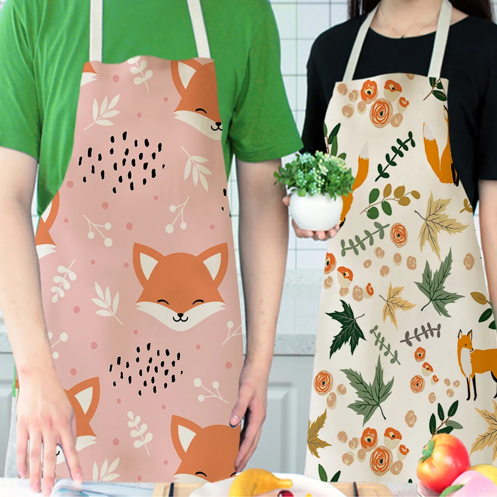 

Cartoon Fox Linen Custom Cooking Aprons for Chefs Woman Man Children Japanese Garden Apron Dress Cute Pink Kitchen Accessories