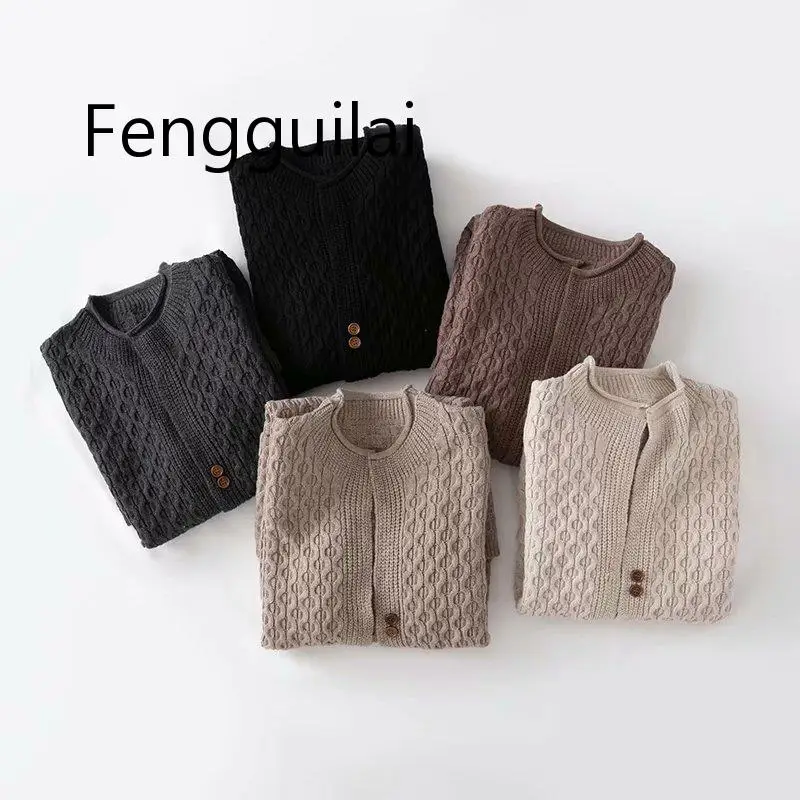 

FENGGUILAI 2019 Hot Sale Autumn Winter European And American Fashion Double-button Decorative Long Sweater Khaki Black