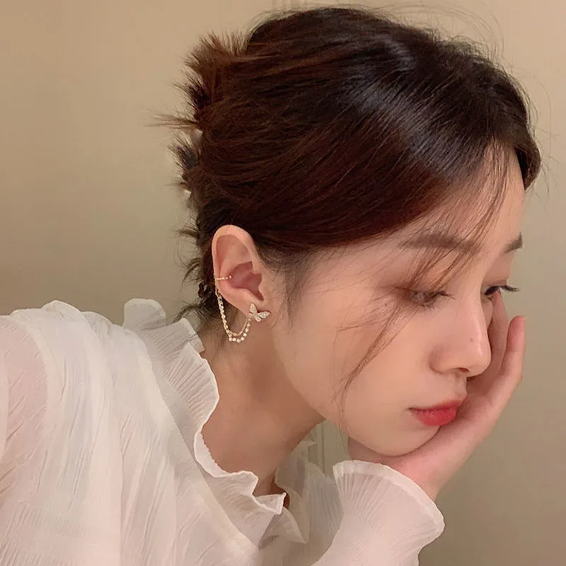 

Korean Elegant Cute Butterfly Wings, Zircon And Pearl Chain Rear Hanging Ears Earrings For Women Korean Stud Earring Jewelry