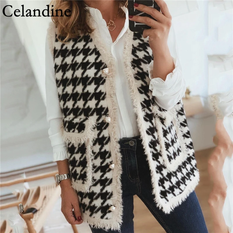 Осенне-зимний длинный свитер с рисунком гусиные лапки Celandine жилет Женская куртка