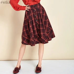 Женская шерстяная юбка ARTKA, винтажная клетчатая юбка с эластичным поясом, элегантная юбки с оборкой с карманами, QA10196D, весна-Зима 2020