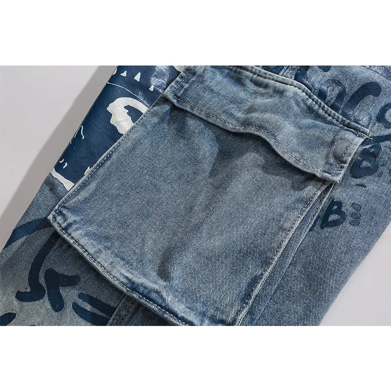 

Gradient Graffiti Printed Multi-Pocket Cargo Jeans Elastic Waist Baggy Harajuku Vintage Hip Hop Jean Fashion Streetwear