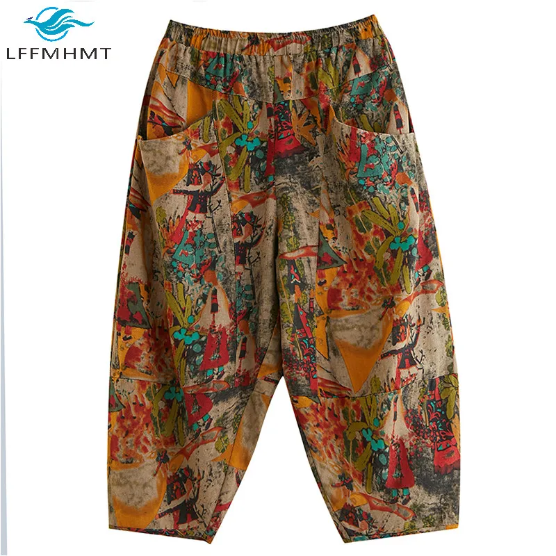 

Women Vintage Elastic Waist Oversize Harem Pant Female High Quality Summer Empire Waist Trendy Cotton Linen Casual Loose Trouser