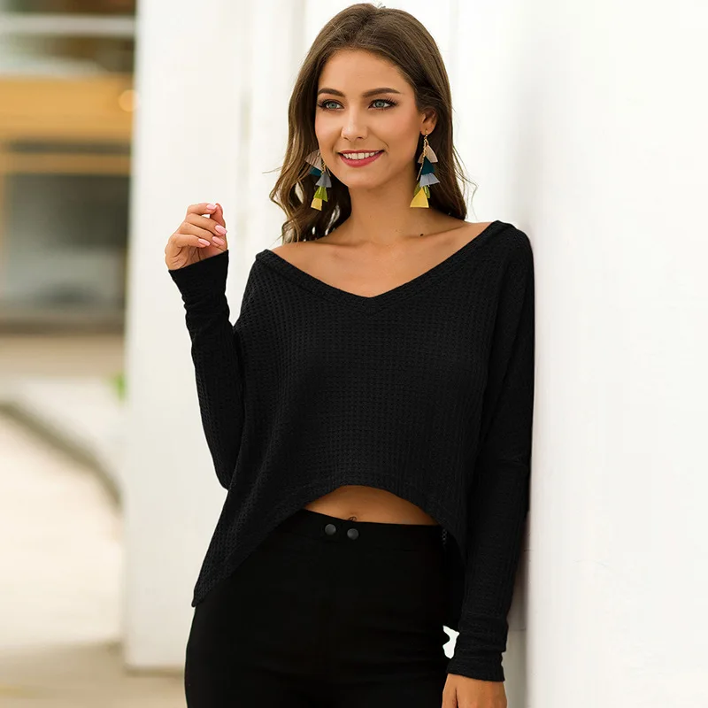 

New Cross Border Women's Fashion V-neck Short Back Long Loose Bat Sleeve T-shirt 1599 Shirts For Women