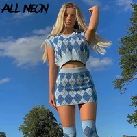 allneon aesthetics argyle plaid knitted co ords set e girl sleeveless tank tops and mini skirt suit 2 piece vintage 90s fall