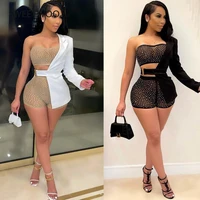 sexy black crystal three pieces shorts set women one sleeve jackets and high waist shorts special club 3 pieces outfits