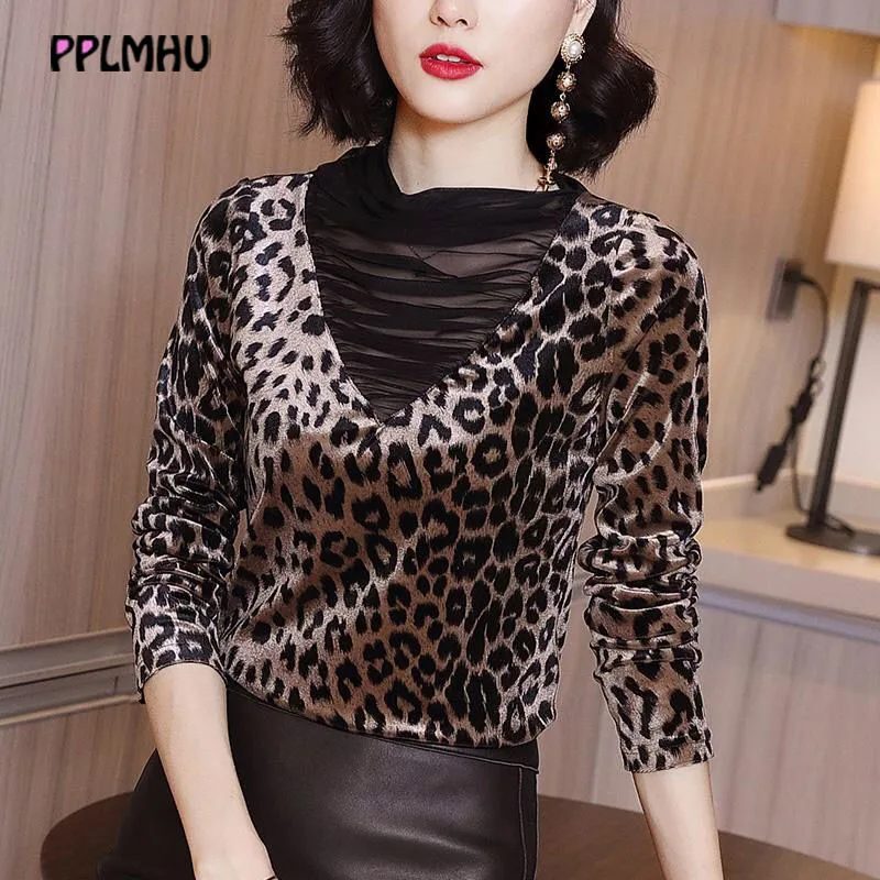 

Fashion Leopard Velvet Shirt Female Pleuche Patchwork Elegant Slim Tops Women's Spring Autumn Casual Long Sleeve Black Blouses