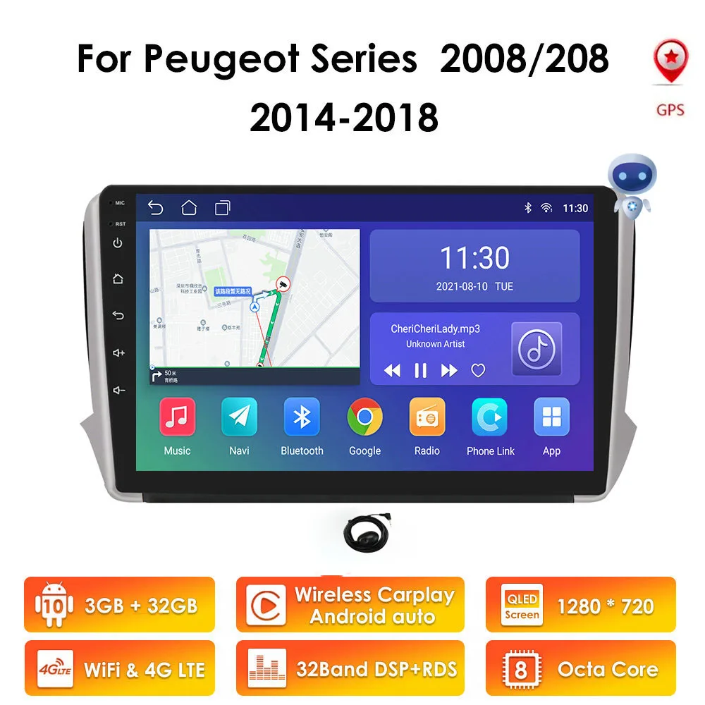 

2DIN 10Inch Android Car Multimedia Video Player for Peugeot 208 2008 2014 2016 2012-2018 Auto Radio Car GPS 8 CORE 2G 32G Stereo