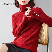 realeft 2021 autumn winter womens sweater fashionable turtleneck buttons long sleeve solid color casual knitting sweater tops