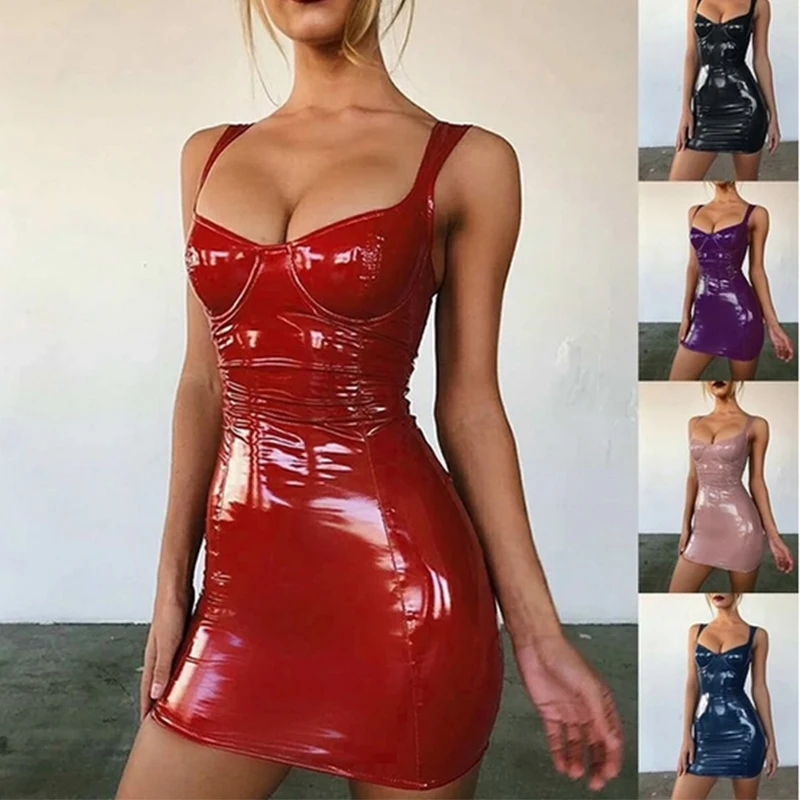 

Sexy Backless Club Party Short Dress Women Latex Faux Leather Bodycon Mini Dress Sleeveless Strap Sexy Club Dress vestido