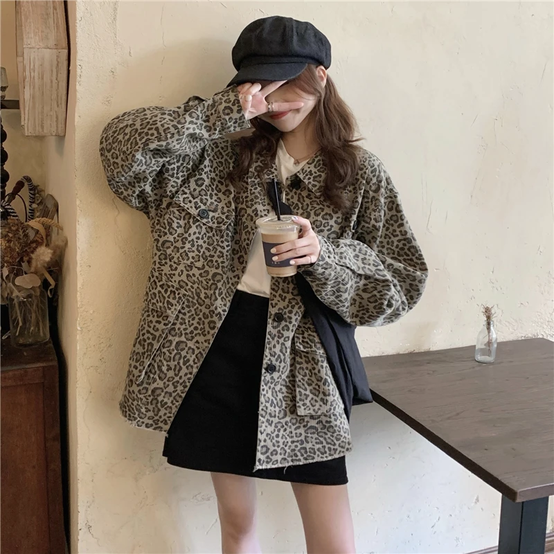 

Spring Leopard Vintage Streetwear Winter Jacket Women Coat Loose Long Sleeve Ladies Jackets Tops Casaco Feminino