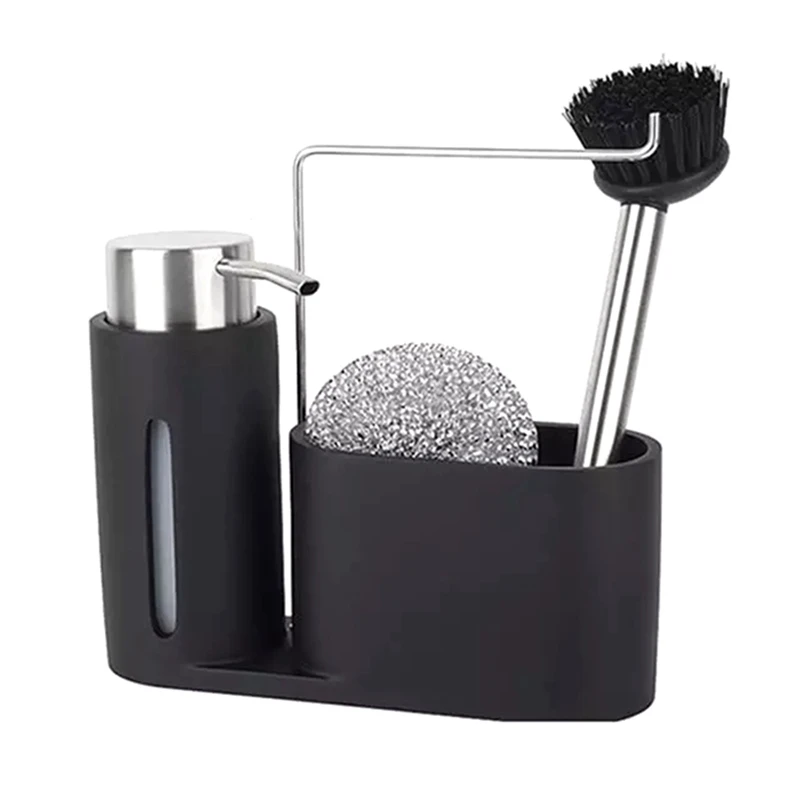 

Sink Caddy Cleaning Kit Kitchen Caddy with Soap Dispenser Steel Ball and Brush Black Clean Group for Kitchen Organizing