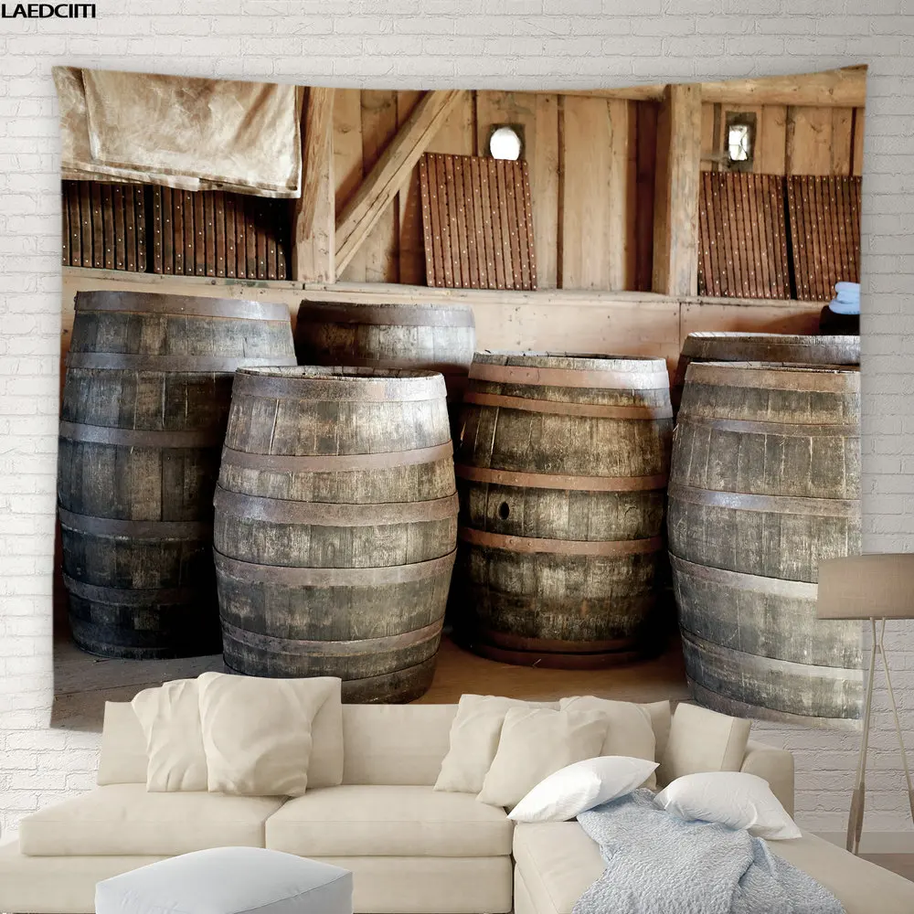 Винтажный гобелен в деревенском стиле Классический старый дубовый бочонок