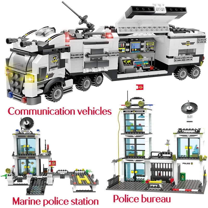 

City Police Station SWAT Trucks Car Helicopter Boat Building Blocks DIY Kits Mobile Station Riot Submarine Bricks Toys Children