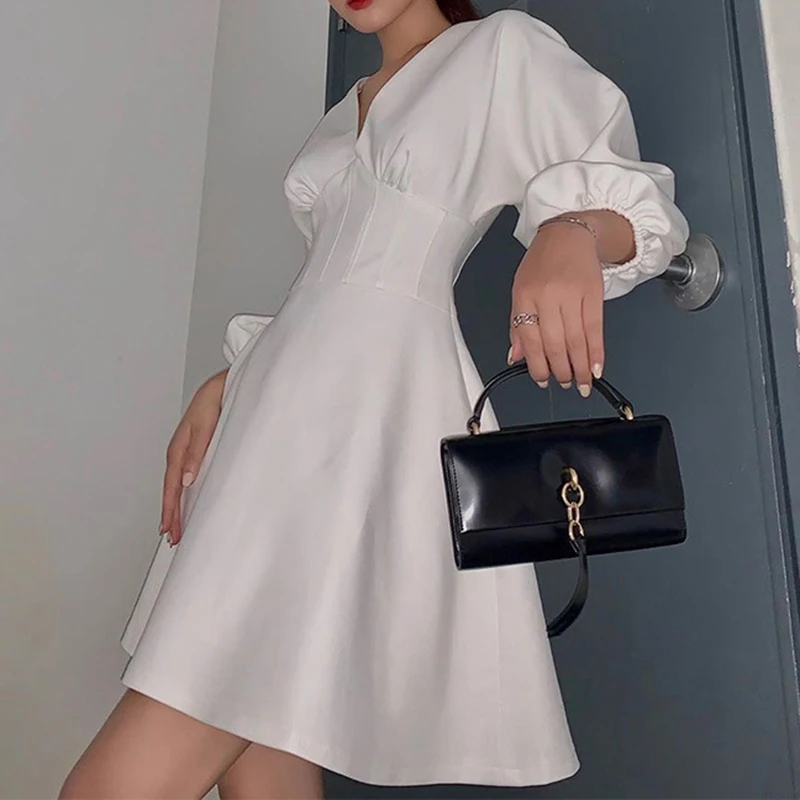 

Women's Summer Solid Color Sexy V-neck Pleated Waist Puff Sleeve Dress Slim Sweet Long-sleeved Elegant Fairy knee-length Dress