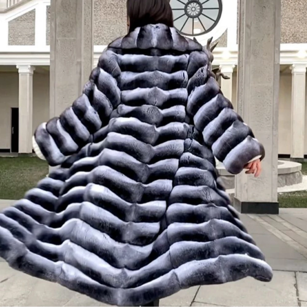 2022 New Trendy Real Rex Rabbit Fur Coat with Turn-down Collar High Quality Genuine Rex Rabbit Fur Coats Natural Fur Overcoats