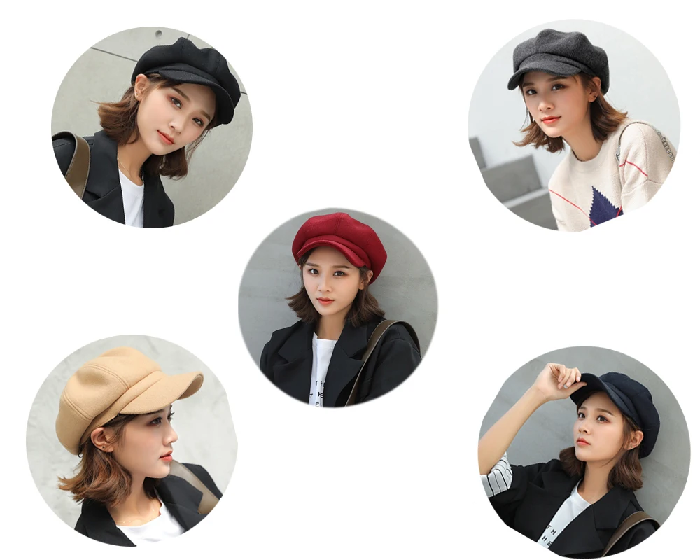 

Autumn Winter Octagonal Caps Women Artist Painter Wool Beret Fashion Newsboy Hat Vintage British Style Solid Color Visor Cap