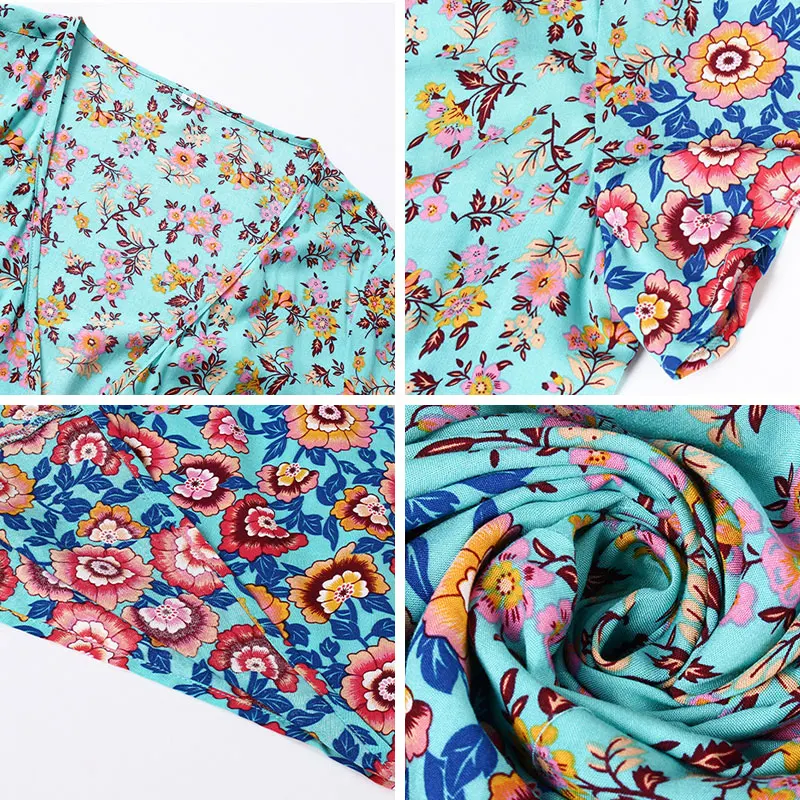 

2021 New Women's Summer Bohemian Print Long Dress Ladies Elegant Short Sleeve V-neck High Waist Vacation Dress