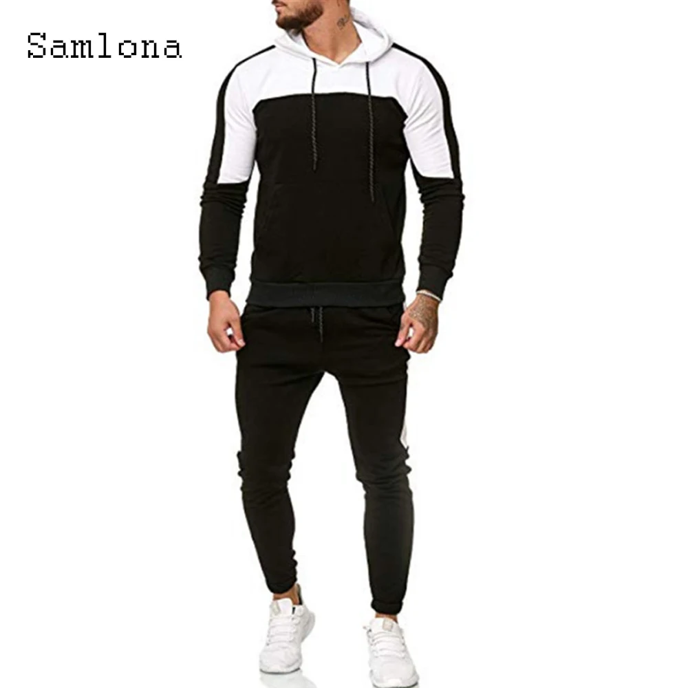 Samlona Plus Size 3xl Men Set Sexy Men Clothing 2021 Patchwork Hooded Tracksuit Autumn Long Sleeve Two Piece Outfits ropa hombre