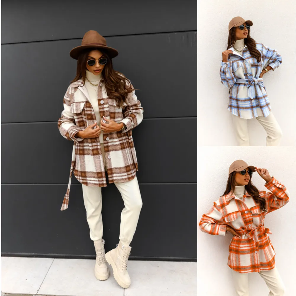 

plaid coat women's jacket 2021 new autumn winter fashion long sleeve bandage printed coats